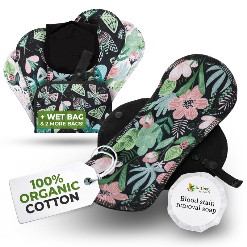 Organic Cotton Reusable Sanitary Pads for Light Flow (6 Pack S+M) - Leak Proof & Odour Free Cloth Pads for Women & Teens - High Temp Washable, Soft & Skin-Safe for All Day Period Comfort